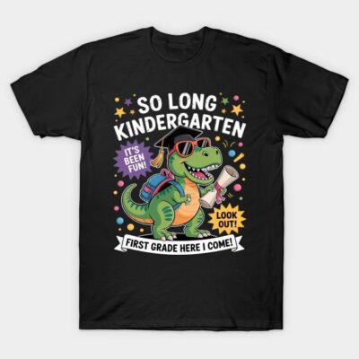 Black T-shirt with dinosaur graduation design, colorful text "So Long Kindergarten," suitable for kids, 100% cotton.