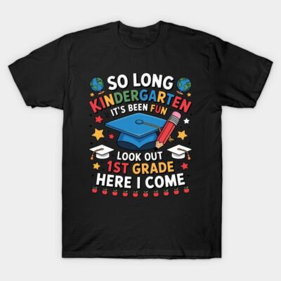 Black t-shirt with colorful kindergarten graduation design featuring cap, pencil, and stars. Ideal for school events.