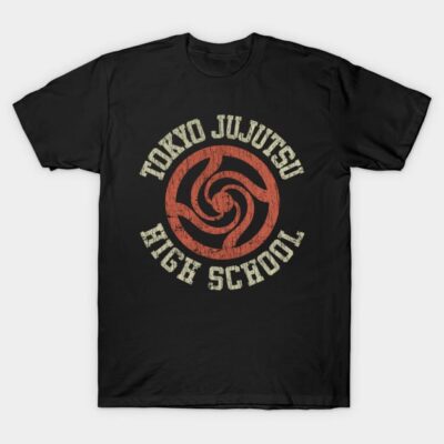 Black Tokyo Jujutsu High School T-shirt, vintage logo design, casual wear, cotton material, unisex style.