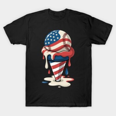 Black t-shirt with American flag design, featuring a melting baseball ice cream graphic, casual wear, cotton fabric.