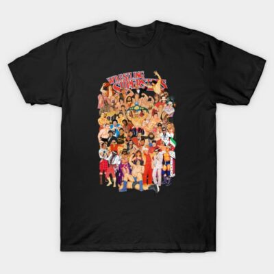 Black t-shirt featuring colorful wrestling superstars graphic design, casual wear, 100% cotton material.