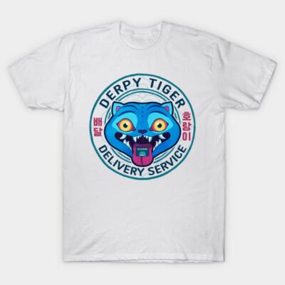 White t-shirt with blue tiger graphic, "Derpy Tiger Delivery Service" text. Casual, cotton, unisex design.