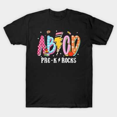 Black "ABC Pre-K Rocks" t-shirt, colorful playful design, cotton, perfect for kids' casual wear and school events.