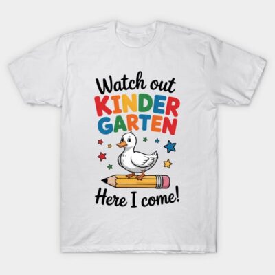 White kids' T-shirt with colorful "Watch Out Kindergarten Here I Come" print, featuring a duck and stars design.