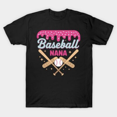Black "Baseball Nana" T-shirt with pink and blue design, featuring bats and ball. Perfect gift for baseball-loving grandmas.