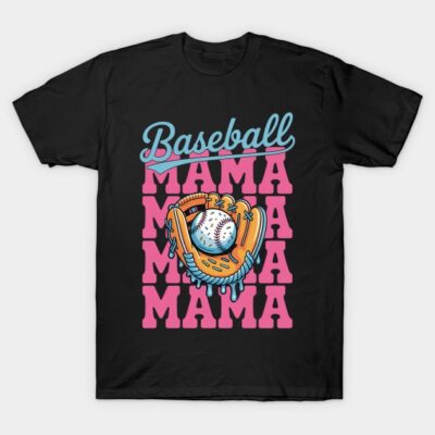 Black t-shirt with "Baseball Mama" graphic in pink and blue, featuring a baseball glove and ball design. Casual sportswear.