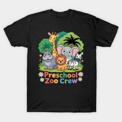 Black cotton t-shirt with colorful animal design and "Preschool Zoo Crew" text, perfect for kids and casual wear.