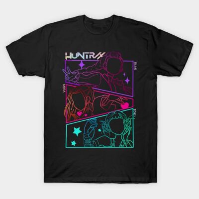 Black t-shirt with colorful abstract character outlines and geometric design, ideal for casual wear.