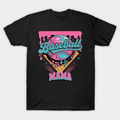 Black T-shirt with "Baseball Mama" graphic, featuring pink and teal dripping baseball design, casual sportswear.