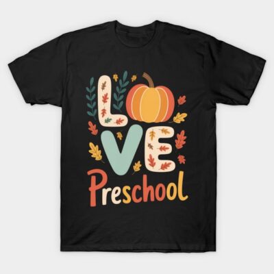 Black "Love Preschool" t-shirt with colorful autumn-themed design, featuring leaves and a pumpkin. Perfect for fall.