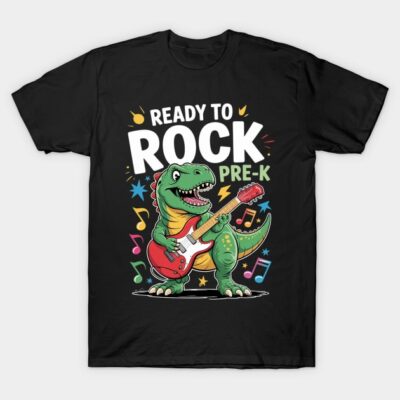 Black t-shirt with colorful dinosaur playing guitar, "Ready to Rock Pre-K" text, fun kids' casual wear.