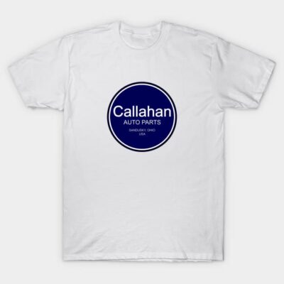White T-shirt featuring "Callahan Auto Parts" logo in navy blue circle. Casual style, cotton material, unisex design.