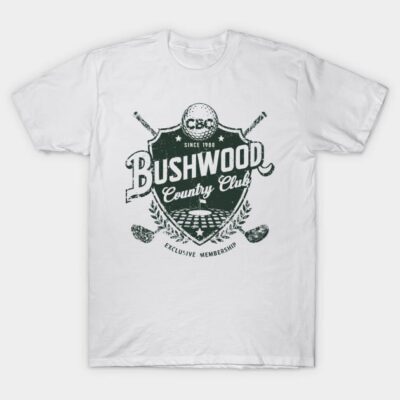 White cotton t-shirt featuring vintage "Bushwood Country Club" graphic, perfect for casual wear and golf enthusiasts.