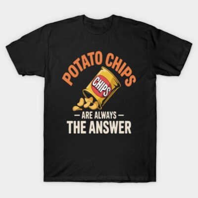 Black t-shirt with colorful potato chips graphic and humorous text, made from cotton, casual wear.