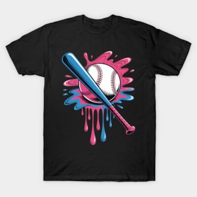 Black t-shirt with colorful baseball and bat graphic, perfect for sports enthusiasts. 100% cotton, casual wear.
