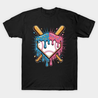 Black t-shirt with colorful melting baseball and bats design, ideal for sports enthusiasts. Cotton material, casual style.