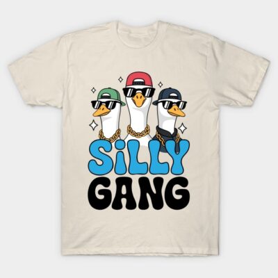 Beige cotton t-shirt with playful "Silly Gang" print, featuring cartoon geese in sunglasses and hats, casual style.