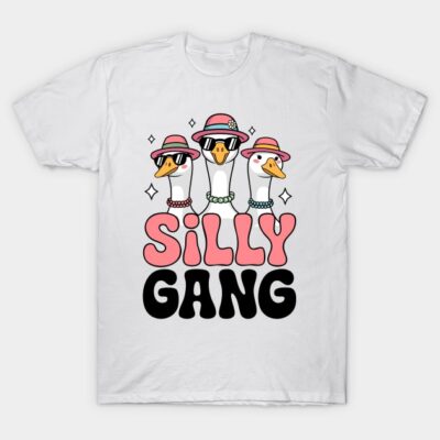 White "Silly Gang" t-shirt with cartoon geese in hats and glasses, casual style, cotton material, fun graphic design.