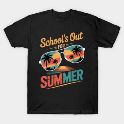Black t-shirt with "School's Out For Summer" graphic, featuring colorful sunglasses and palm trees, perfect for casual wear.