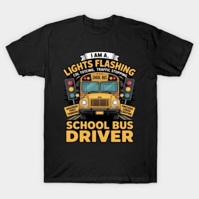 Black t-shirt with school bus driver graphic, featuring a yellow bus and traffic lights, ideal for casual wear.