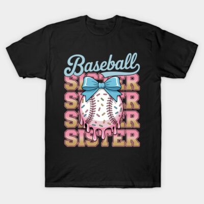 Black t-shirt with "Baseball Sister" graphic, featuring a baseball with sprinkles and a blue bow. Fun sports apparel.
