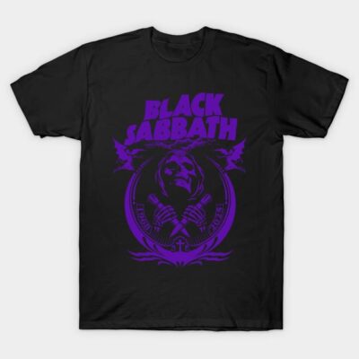 Black t-shirt with purple Black Sabbath graphic design, cotton material, casual wear, unisex style.