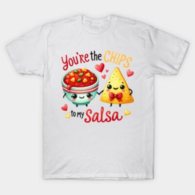 White T-shirt with cute chips and salsa print, perfect for casual wear. Fun novelty design with heart accents.