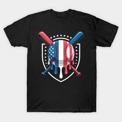 Black T-shirt with American flag baseball design and crossed bats, perfect for casual wear and sports enthusiasts.