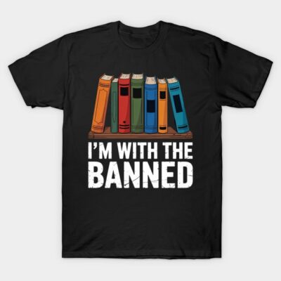 Black t-shirt with colorful book graphic and "I'm With the Banned" text, perfect for book lovers and library events.