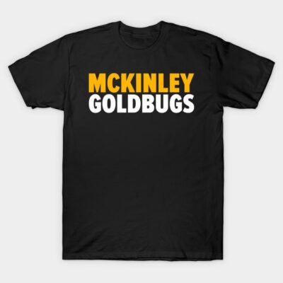 "Black t-shirt with bold 'McKinley Goldbugs' text in yellow and white, casual style, cotton material, unisex design."