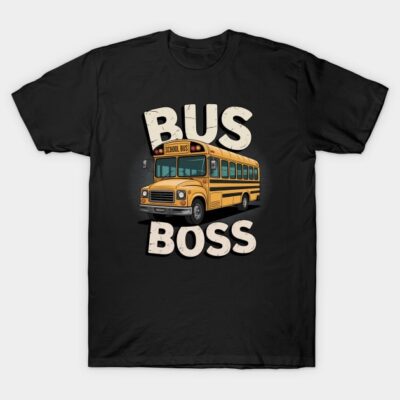 Black "Bus Boss" T-shirt with yellow school bus graphic, casual style, cotton material, unisex design.