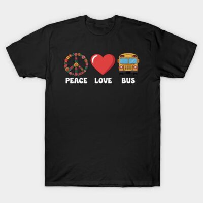 Black t-shirt with "Peace Love Bus" design, featuring floral peace sign, heart, and bus graphic. Casual cotton tee.