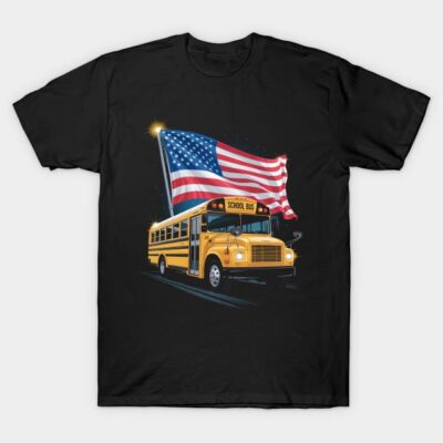 Black t-shirt with yellow school bus and American flag graphic, casual style, cotton material.