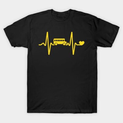 Black t-shirt with yellow heartbeat and school bus design, casual style, cotton material, perfect for everyday wear.