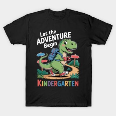 Black kids' t-shirt with dinosaur graphic, "Let the Adventure Begin" text, perfect for kindergarten, fun and colorful.