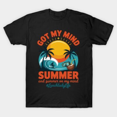 Black summer-themed t-shirt with colorful sunset, palm trees, and surfing graphics, perfect for casual wear.