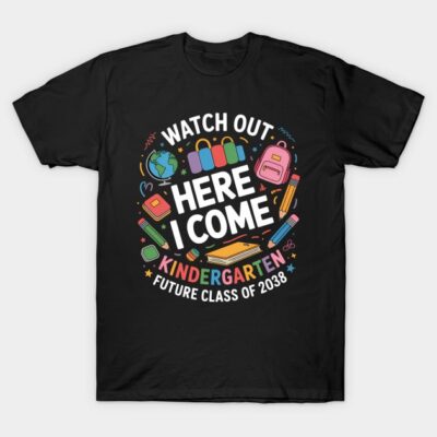 Black kindergarten t-shirt with colorful "Watch Out Here I Come" design, perfect for future class of 2038 students.