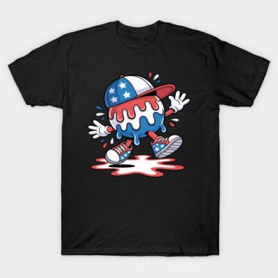 Black t-shirt featuring a colorful, drippy cartoon design with star-patterned hat and sneakers. Fun casual wear.