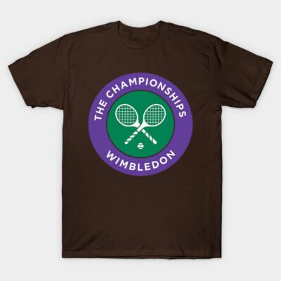 Brown t-shirt with Wimbledon logo design, featuring crossed tennis rackets and a green circle for sports enthusiasts.