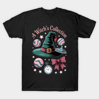 Black t-shirt featuring a witch's collection design with hat, bow, and clock, ideal for Halloween or casual wear.