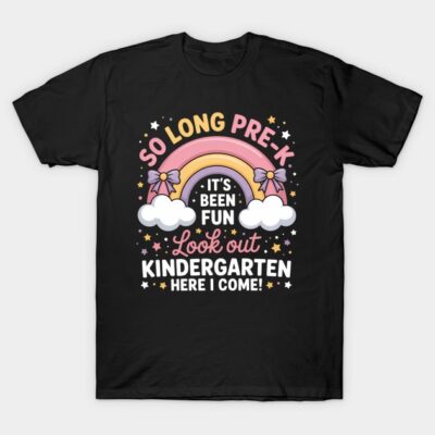 Black t-shirt with colorful rainbow design, "So Long Pre-K, Look Out Kindergarten" text, perfect for school transition.