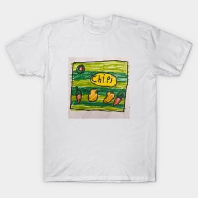 White t-shirt with colorful hand-drawn chips design, perfect for casual wear, made from soft cotton.