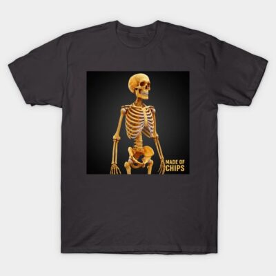 Black T-shirt with skeleton design, humorous "Made of Chips" text, casual wear, soft cotton material.