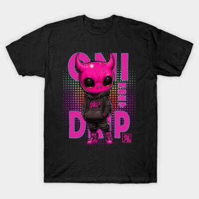Black T-shirt featuring pink Oni character design, streetwear style, graphic print, cotton material.