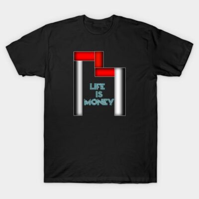 Black T-shirt with red and white geometric graphic and "Life is Money" text, casual wear, cotton material.