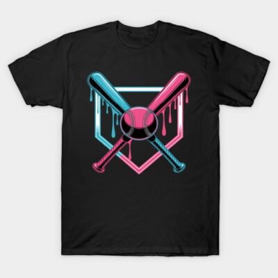 Black t-shirt with neon baseball and crossed bats design, perfect for sports enthusiasts. Casual and stylish cotton tee.