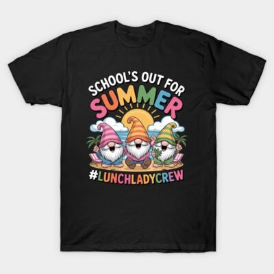 Black t-shirt featuring colorful "School's Out for Summer" gnome design, perfect for casual summer wear.