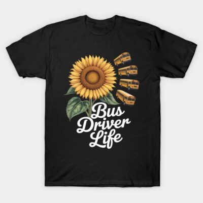Black "Bus Driver Life" T-shirt featuring sunflower and buses graphic, casual wear, cotton material.