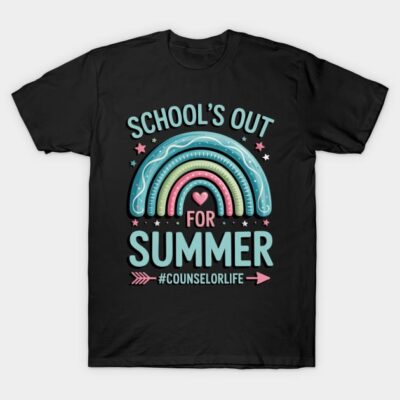 Black T-shirt with "School's Out for Summer" rainbow print, colorful design, casual wear, cotton material.