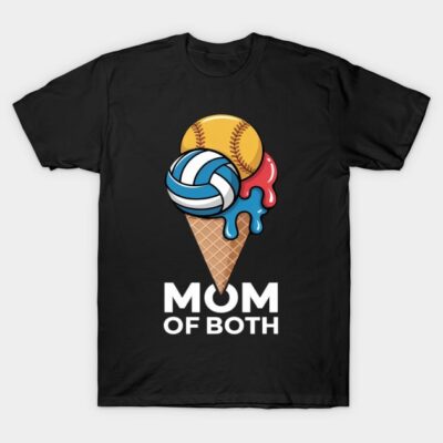 Black t-shirt with "Mom of Both" text, featuring sports-themed cone design. Casual wear, cotton material.